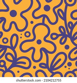 Seamless pattern with different flowers on orange background. Vector print with plants.