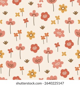 Seamless pattern with different flowers on white background. Perfect for wallpaper, gift paper, summer greeting cards. Vector hand drawn child illustration