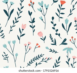 Seamless pattern of different flowers pink, blue, and red flowers background elements. Colored flat cartoon vector illustration isolated on beige. Concept of summer flowers and herbs.