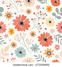 Seamless pattern with different flowers and plants, white background