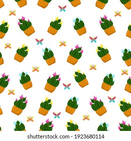
Seamless pattern with different flowers in pots, Multicolored cacti in pots,cute baby print, floral spring pattern in cartoon styl, hand draw, vector.