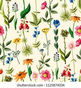 Seamless pattern with different flowers, such as roses, camomile, anemona and other. 