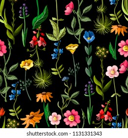 Seamless pattern with different flowers, such as roses, camomile, anemona and other. 