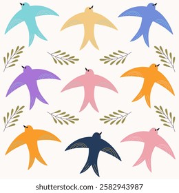 Seamless pattern with different flying birds. Colorful abstract swallow, pigeon. Isolated hand drawn illustration.