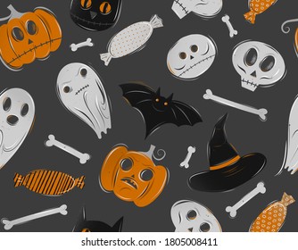 Seamless pattern with different flying ghosts with grunge texture, Halloween illustration