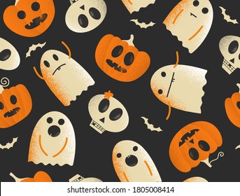 Seamless pattern with different flying ghosts with grunge texture, Halloween illustration