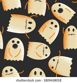 Seamless pattern with different flying ghosts with grunge texture, Halloween illustration