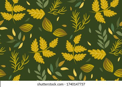 Seamless pattern with different foliage of trees, branches, green leaves, herbs, forest plants on a dark background. A Botanical print, template in a mystical color palette. Vector illustration.