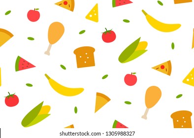 Seamless pattern with different food: babana, corn, bread, meat, tomato, cheese. ets. Textile print design. Vector graphic.