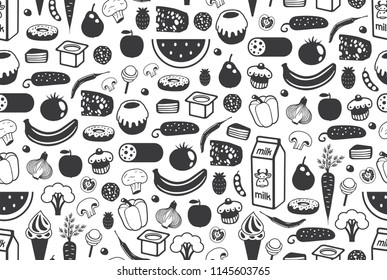 Seamless pattern with different food in Black. isolated on white background