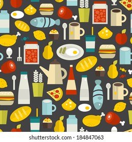 Seamless pattern with different food and drinks. Vector repeated background.