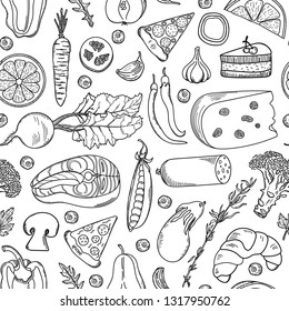 Seamless pattern with different food. Hand drawn products on white background. Vector illustration for your design.