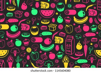 Seamless pattern with different food. isolated on black background