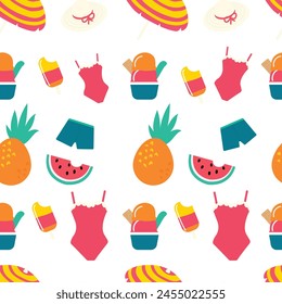 Seamless pattern with different foods including a watermelon ice cream and a straw hat