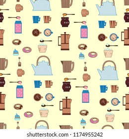 Seamless pattern with different foods and utensil. Tea and coffee set. Vector illustration. 