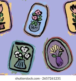 Seamless pattern with different frames with flowers in abstract style. Hand draw, markers with texture. Vector, isolated, ink brush outline. Abstract, interesting and funny.