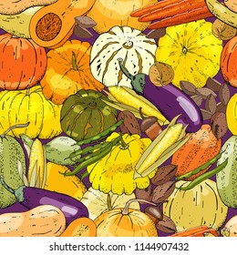 Seamless pattern with different fresh vegetables. Endless texture for your design.