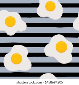 Seamless pattern with of different fried eggs icons  on striped background. Great for print on fabric and and paper. Vector illustration. 