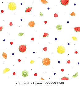 Seamless pattern of different fruit  slices. Ornament for wrapping paper, fabric. Elements for your design print, website, poster, postcard. Vector stock illustration isolated on white background