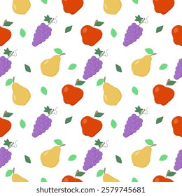 Seamless pattern with different fruits. Apple, grape, pear isolated on white background.