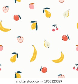 Seamless pattern of different fruits background elements on a beige background. Hand-drawn fruits in flat style. Banana, apple, pear, peach, cherry. Suitable for web and print design.