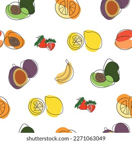 Seamless pattern with different fruits. Drawn in one line style.Color illustration isolated on white background.