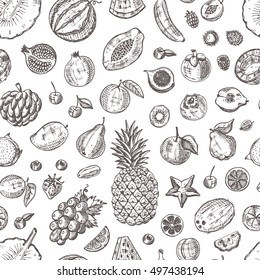 Seamless pattern with different fruits. Hand drawn vector illustration. Can be used for poster, fabric, wrapping paper, banner, scrapbooking and other design.