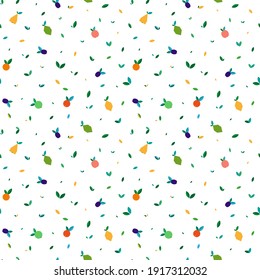 Seamless pattern with different fruits and leaves on a white background.
