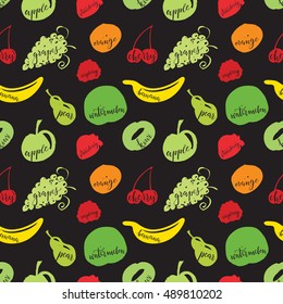 Seamless pattern of different fruits with letters: cherry, watermelon, strawberry, grapes, orange, kiwi, raspberry, pear, banana, apple. Hand drawn lettering. Vector typography design isolated.