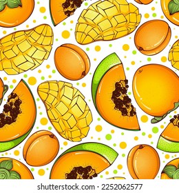 Seamless pattern with different fruits. Mango, papaya, persimmon and apricots. Whole and cut fruits. Vector cartoon illustration isolated on white. Design for textile, wrapping paper, scrapbooking.