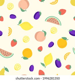 Seamless pattern with different fruits, peach, lemon, watermelon, plum, strawberry, orange, pear. Summer season fruits. Vector illustration. 