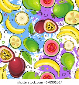 Seamless Pattern Different Fruits Summer Ornament Background Vector Illustration