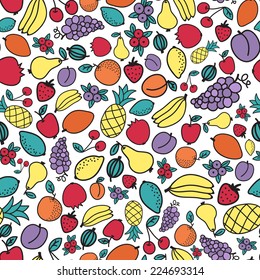 Seamless pattern with different fruits. Vector illustration. Hand-drawn background. Useful for invitations, scrapbooking, design.