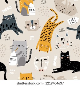 Seamless pattern with different funny cats and milk bottle. Creative childish texture. Great for fabric, textile Vector Illustration