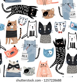 Seamless pattern with different funny cats and milk bottle. Creative childish texture. Great for fabric, textile Vector Illustration