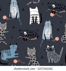 Seamless pattern with different funny cats and balls of yarn. Creative childish texture. Great for fabric, textile Vector Illustration