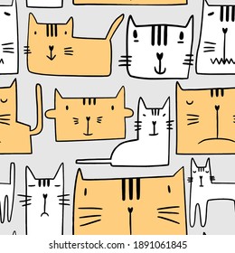 Seamless pattern with different funny cats. Cute kitty paw head with sleepy expressions isolated in grey background. Nursery design in scandinavian style. Animal vector background template for kids