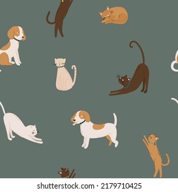 Patrón sin foco con diferentes gatos y perros divertidos. Textura infantil creativa. Ideal para viveros, tejidos, textiles. Ilustración vectorial