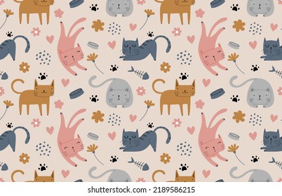	
Seamless pattern with different funny cats.