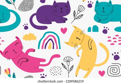 	
Seamless pattern with different funny cats.