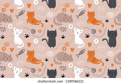 	
Seamless pattern with different funny cats.