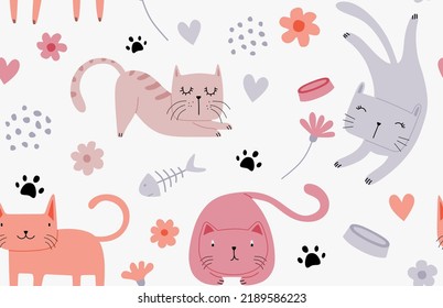 	
Seamless pattern with different funny cats.