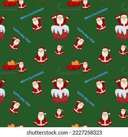 Seamless pattern with different funny Santa Claus. On a green background. Vector.