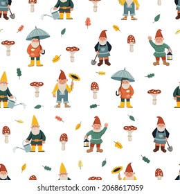 Seamless pattern with different garden gnomes. Cute character illustration 