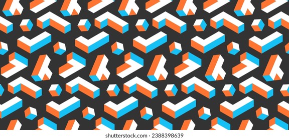 Seamless pattern with different geometric shapes in flat style. Vector background of 90s aesthetics, abstract geometric shapes in isometry.