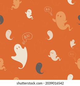 Seamless pattern with different ghost isolated on orange background for Halloween. Hand drawn vector illustration for wrapping, scrapbooking, textile, wallpaper, fabric and another print.