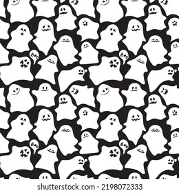 Seamless pattern with different ghosts. Cute ghosts with different facial expressions. Halloween Happy holiday. Vector illustration.