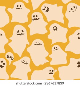 Seamless pattern with different ghosts on a yellow background. Cute ghosts with different facial expressions. Halloween Happy holiday. Vector illustration.