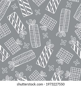 Seamless pattern of different gift box with ribbon bow in art line drawing. Festive elements in white line on a gray background. Holiday design for birthday, New year, Christmas in minimalism design