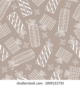 Seamless pattern of different gift box with ribbon bow in art line drawing. Festive elements in white line on a gray background. Holiday design for birthday, New year, Christmas in minimalism design